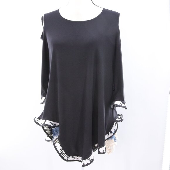 Joseph Ribkoff | Black Tunic Top 6 Cold Shoulder Embroidered Ruffle Hem - Picture 4 of 7